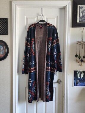 Open-Front Aztec Western Long Cardigan Sweater - Navy & Rust